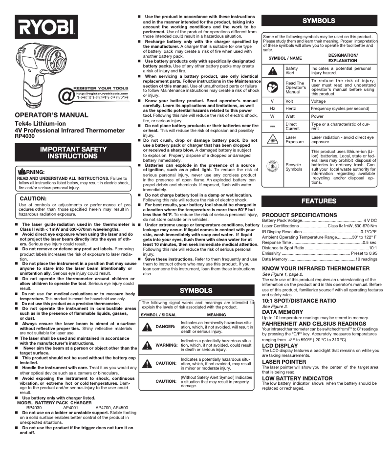 Page 1 de la notice Manuel utilisateur RYOBI RP4030