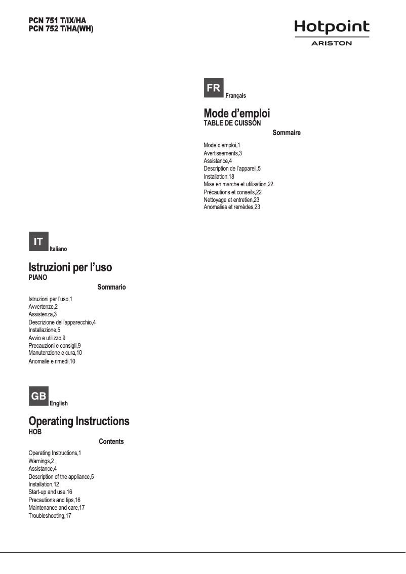 Page 1 de la notice Manuel utilisateur Hotpoint Ariston PCN 752 T/HA(WH)