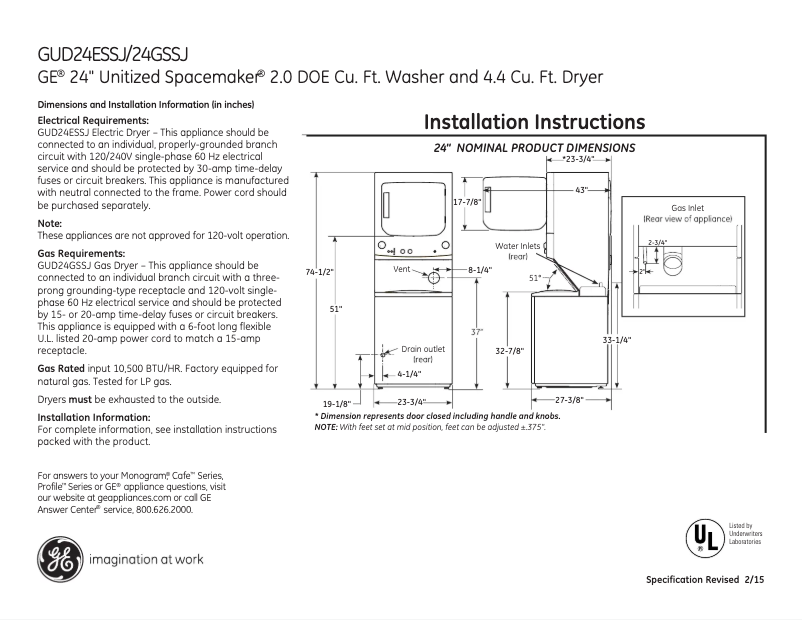 Page 1 de la notice Fiche technique GE Spacemaker GUD24GSSJWW