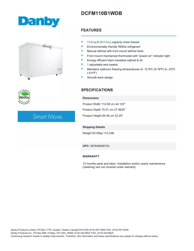 Página 1 del manual Ficha técnica Danby DCFM110B1