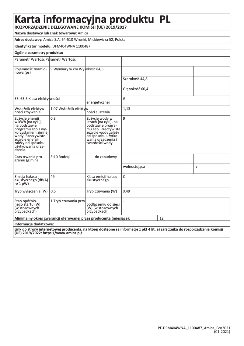 Page 1 de la notice Manuel utilisateur Amica DFM404WNA