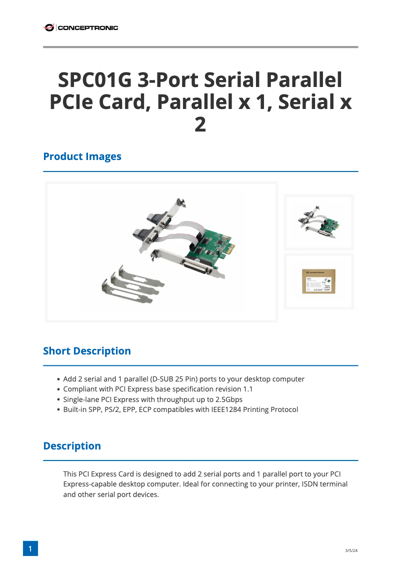 Page n°1 - Fiche technique Conceptronic SPC01G