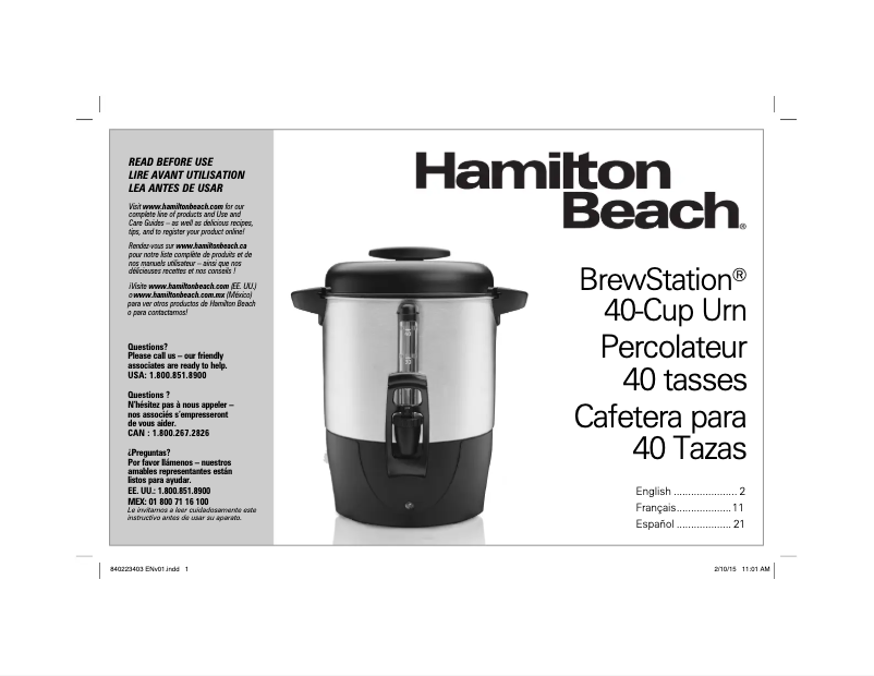 Page 1 de la notice Manuel utilisateur Hamilton Beach 40514