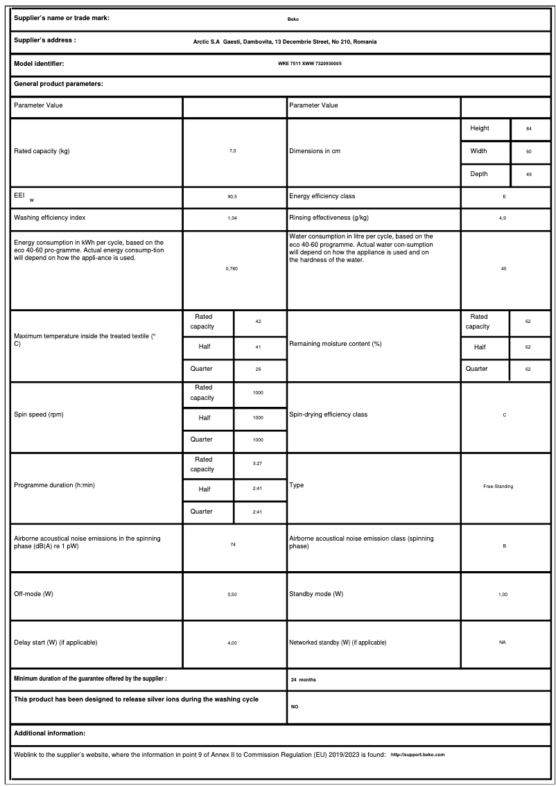 Page 1 de la notice Fiche technique Beko WRE7511XWW