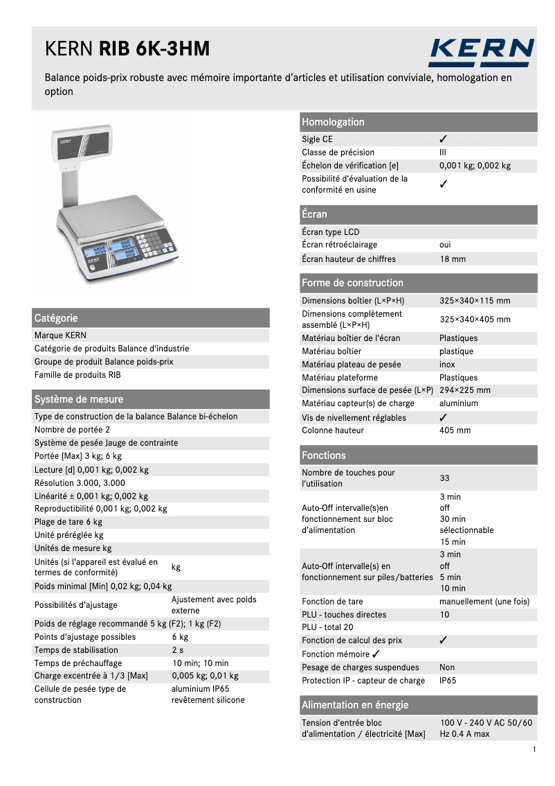 Page 1 de la notice Fiche technique Kern RIB 6K-3HM