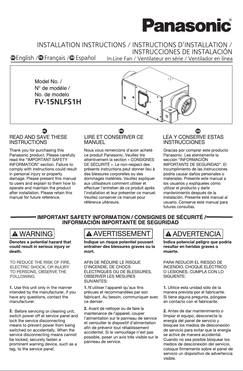 Page 1 de la notice Guide d'installation Panasonic FV-15NLFS1H