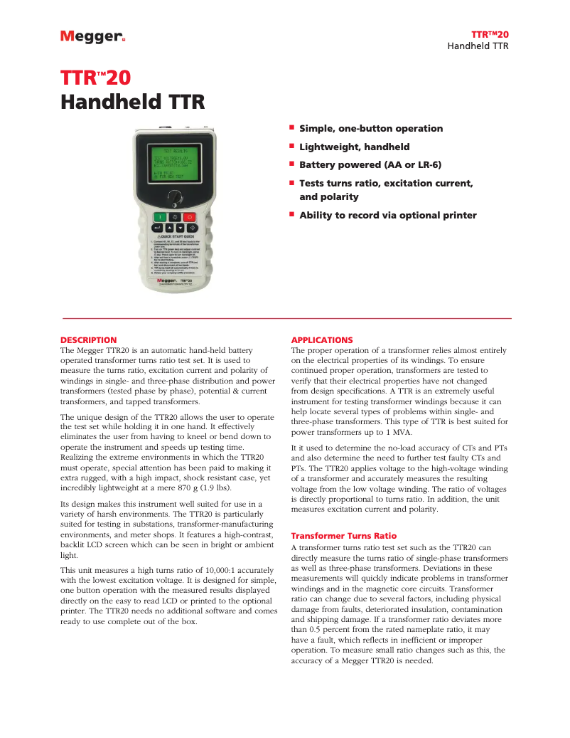 Page 1 de la notice Fiche technique Megger TTR20