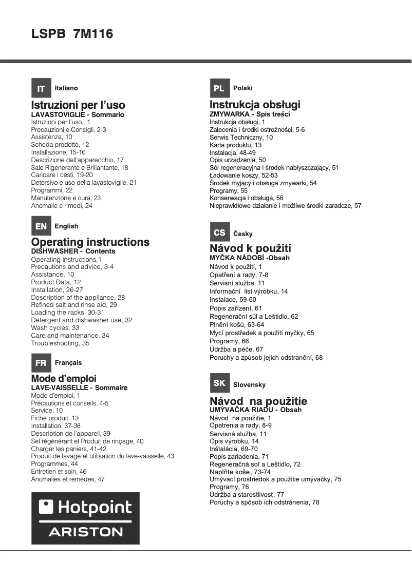 Page 1 de la notice Manuel utilisateur Hotpoint Ariston LSPB 7M116 X EU