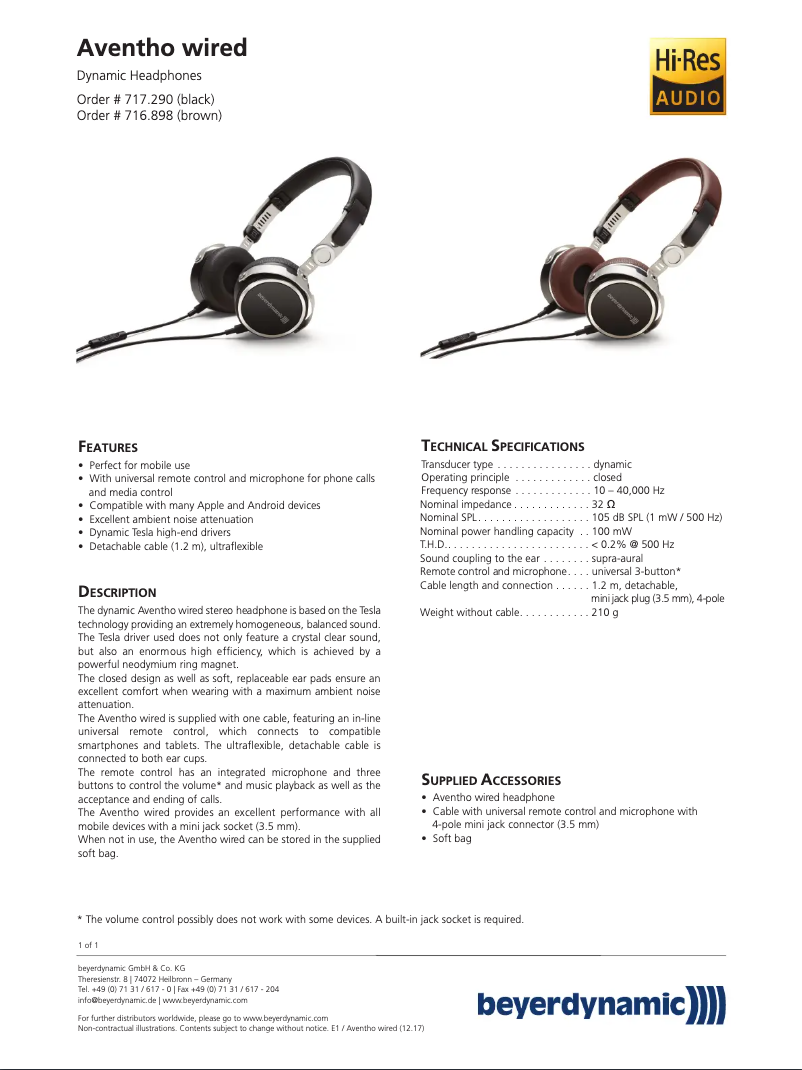 Page n°1 - Fiche technique Beyerdynamic Aventho Wired