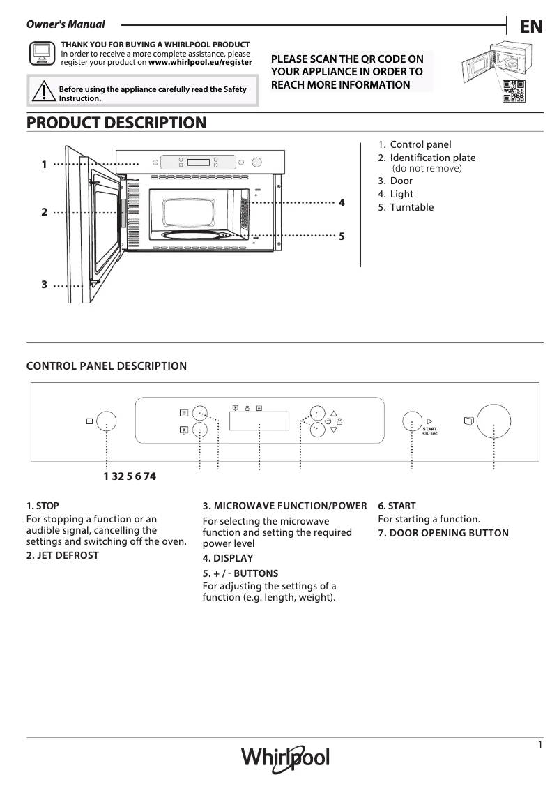 Page 1 de la notice Manuel d'utilisation et d'entretien Whirlpool MBNA900X