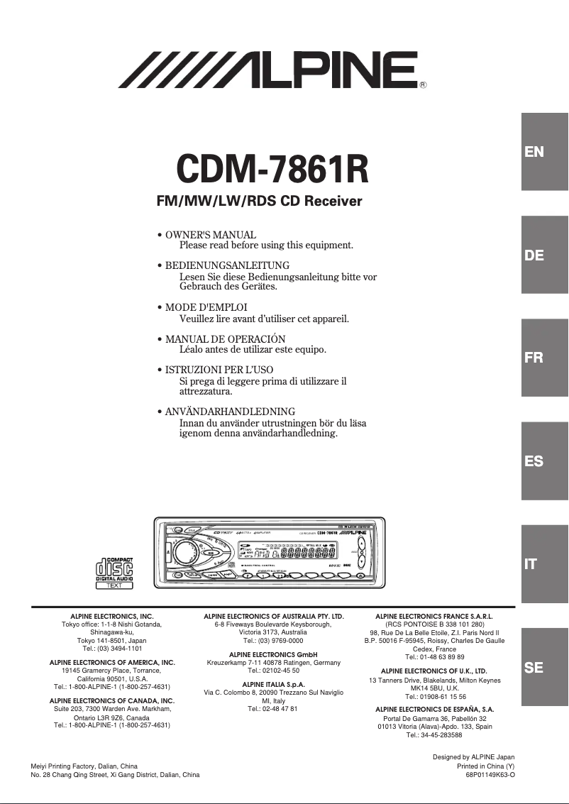 Page 1 de la notice Manuel utilisateur Alpine CDM-7861R