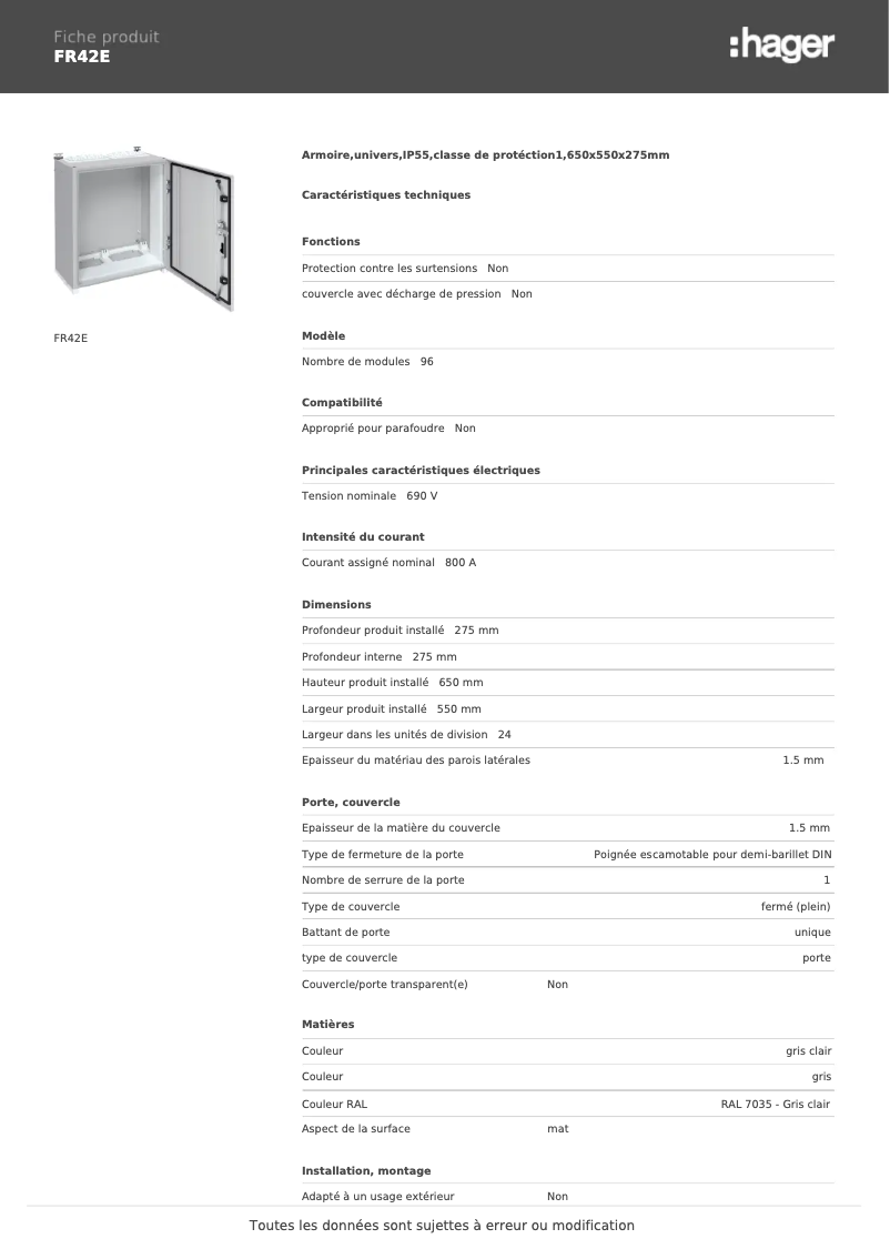 Page n°1 - Fiche technique Hager FR42E
