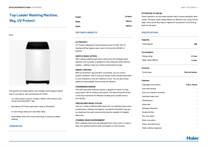 Page 1 de la notice Label énergétique Haier HWT09AD1