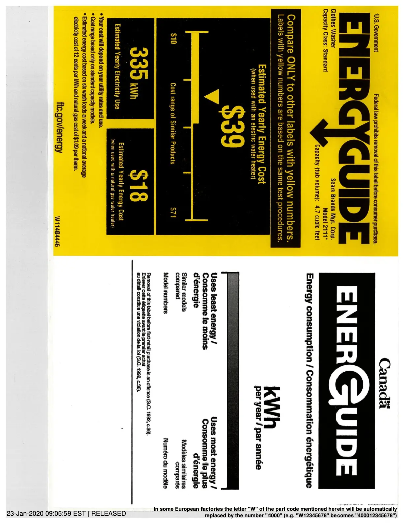 Page 1 de la notice Label énergétique Kenmore 21112