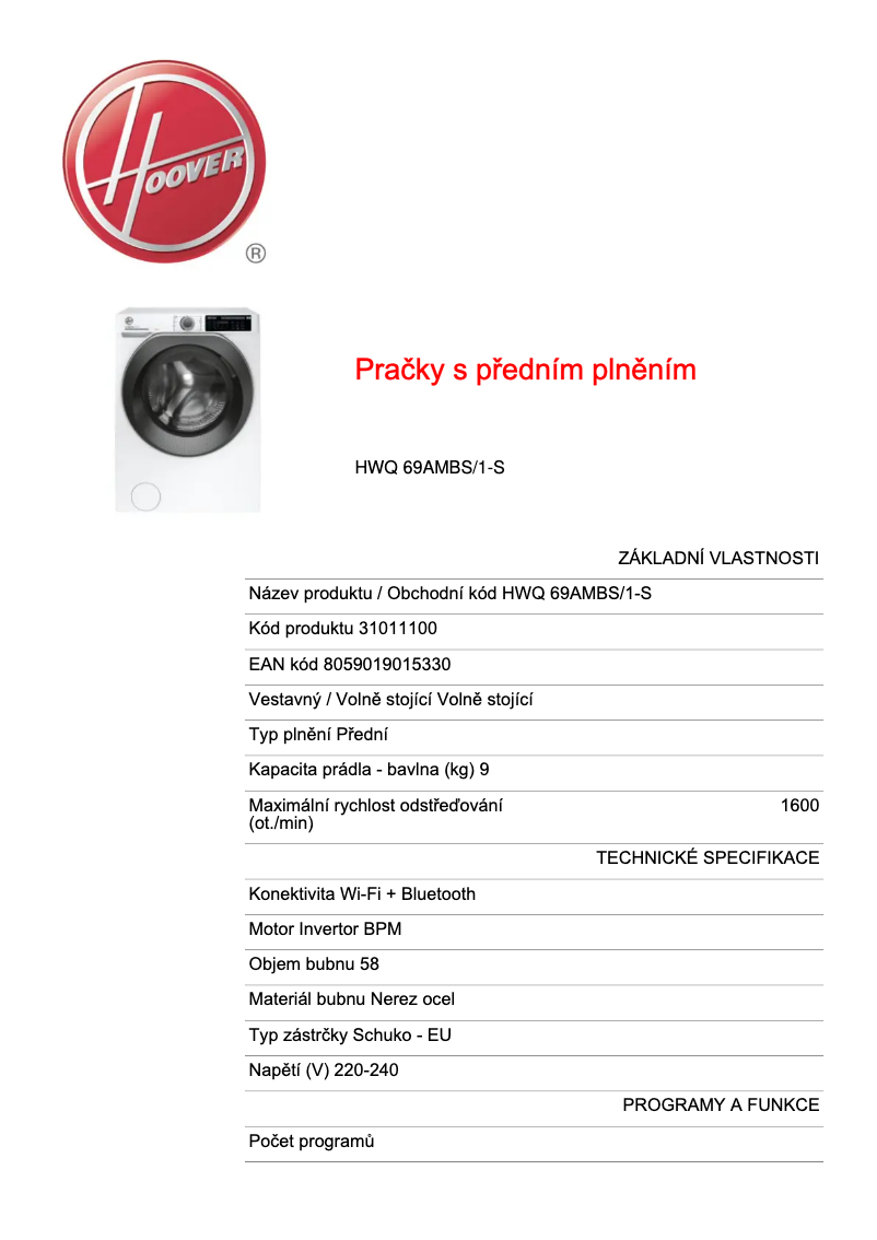 Page n°1 - Fiche technique Hoover H-WASH 500 HWQ 69AMBS/1-S