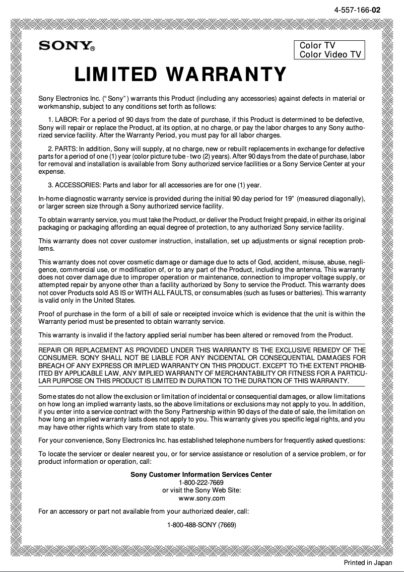 Page 1 de la notice Manuel utilisateur Sony KV-2792R