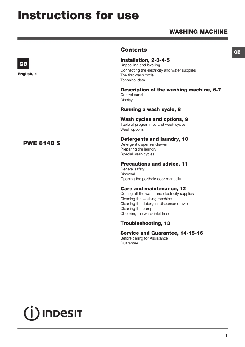 Page n°1 - Manuel utilisateur Indesit PWE 8148 S (UK)