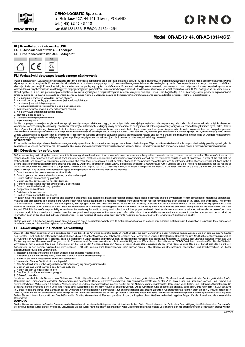 Page n°1 - Manuel utilisateur ORNO OR-AE-13144