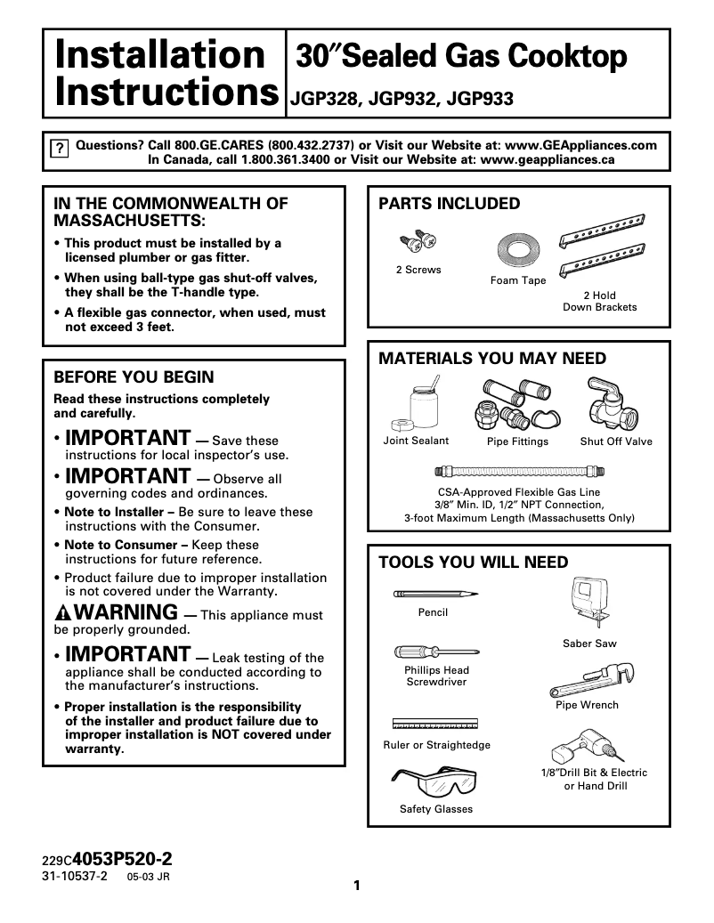 Page n°1 - Guide d'installation GE Profile JGP933BEJBB