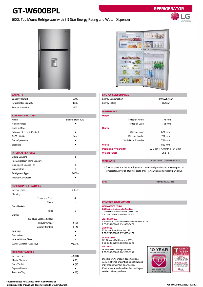 Page 1 de la notice Fiche technique LG GT-W600BPL