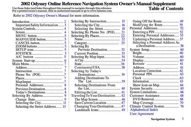 Page 1 de la notice Manuel utilisateur Honda Odyssey (2002)