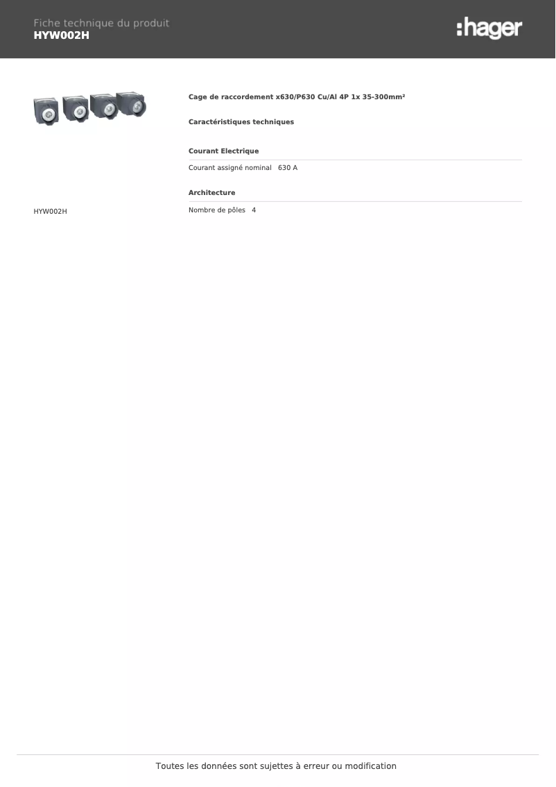 Page 1 de la notice Fiche technique Hager HYW002H