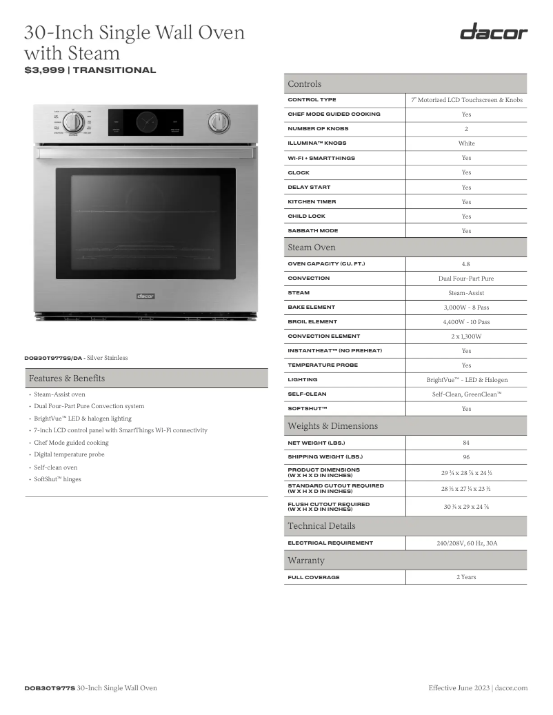 Page 1 de la notice Fiche technique Dacor DOB30T977SS