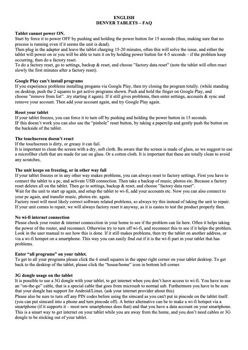 Page 1 de la notice Manuel utilisateur Denver TAQ-90012