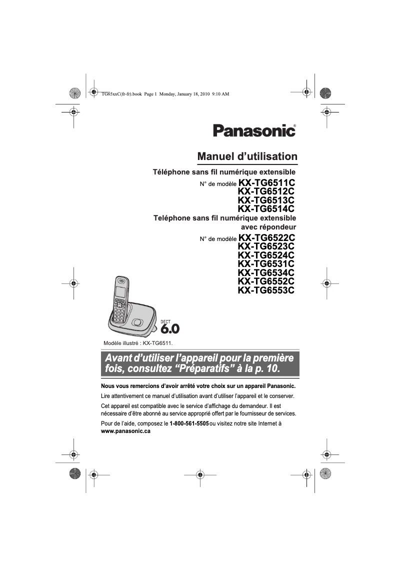 Image de la première page du manuel de l'appareil KX-TG6522