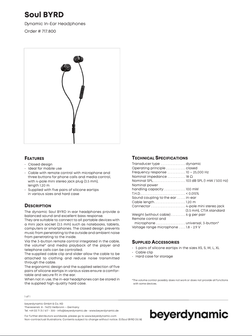 Page n°1 - Fiche technique Beyerdynamic Soul BYRD