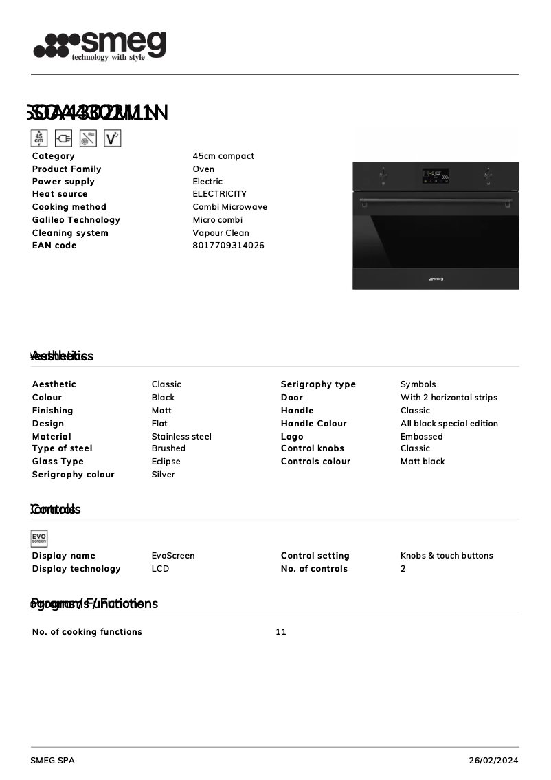 Page n°1 - Fiche technique Smeg SOA4302M1N