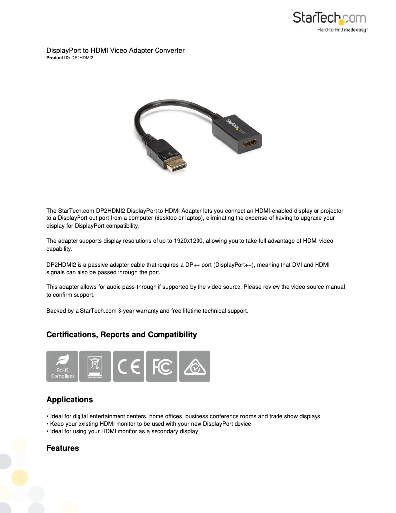 Page 1 de la notice Manuel utilisateur StarTech.com DP2HDMI2