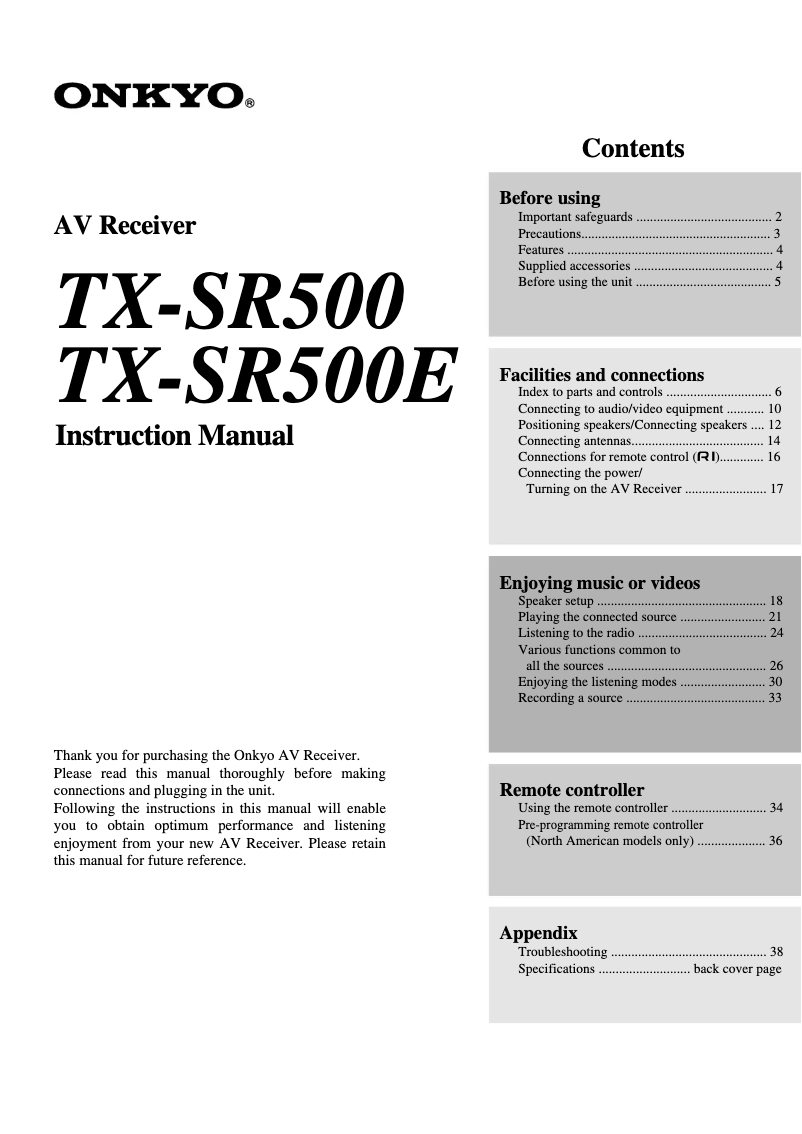 Page n°1 - Manuel utilisateur Onkyo TX-SR400
