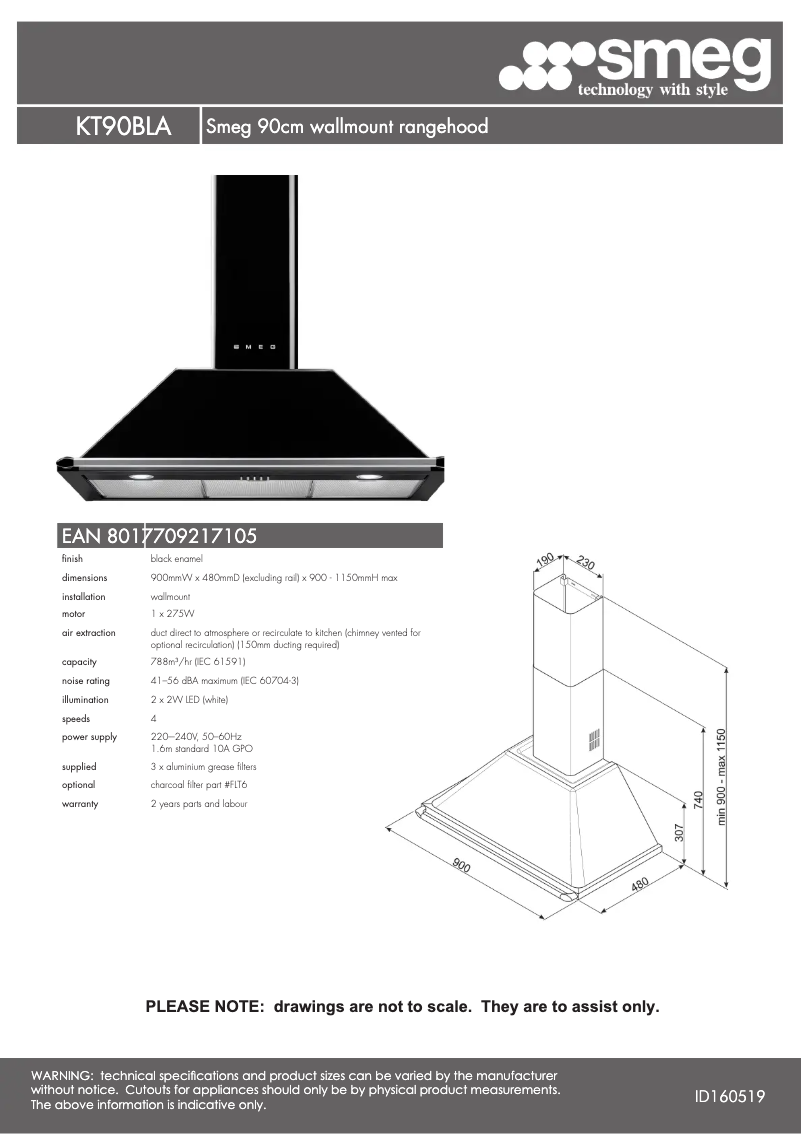 Page 1 de la notice Fiche technique Smeg KT90BL