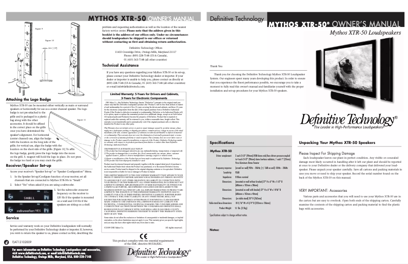 Page 1 de la notice Manuel utilisateur Definitive Technology XTR-50