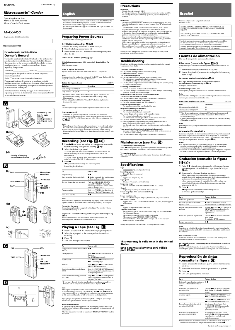 Page 1 de la notice Manuel utilisateur Sony M-450