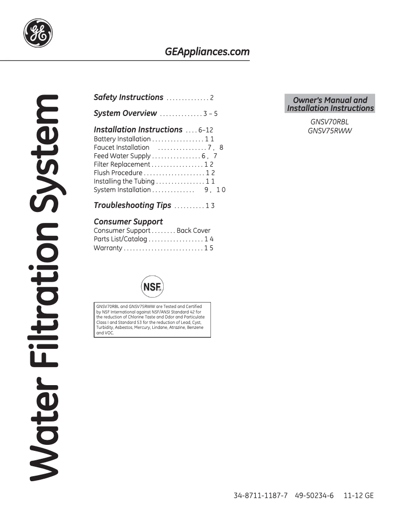 Page n°1 - Guide d'installation GE GNSV75RWW