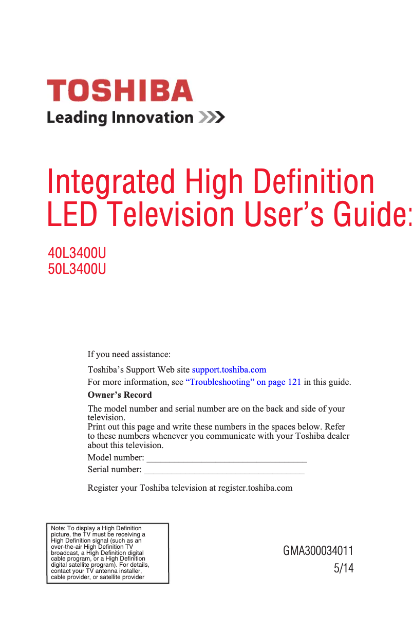 Page n°1 - Manuel utilisateur Toshiba 40L3400U