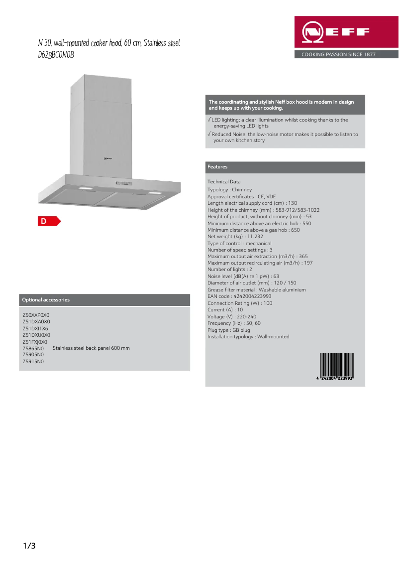 Page 1 de la notice Fiche technique Neff D62BBC0N0B