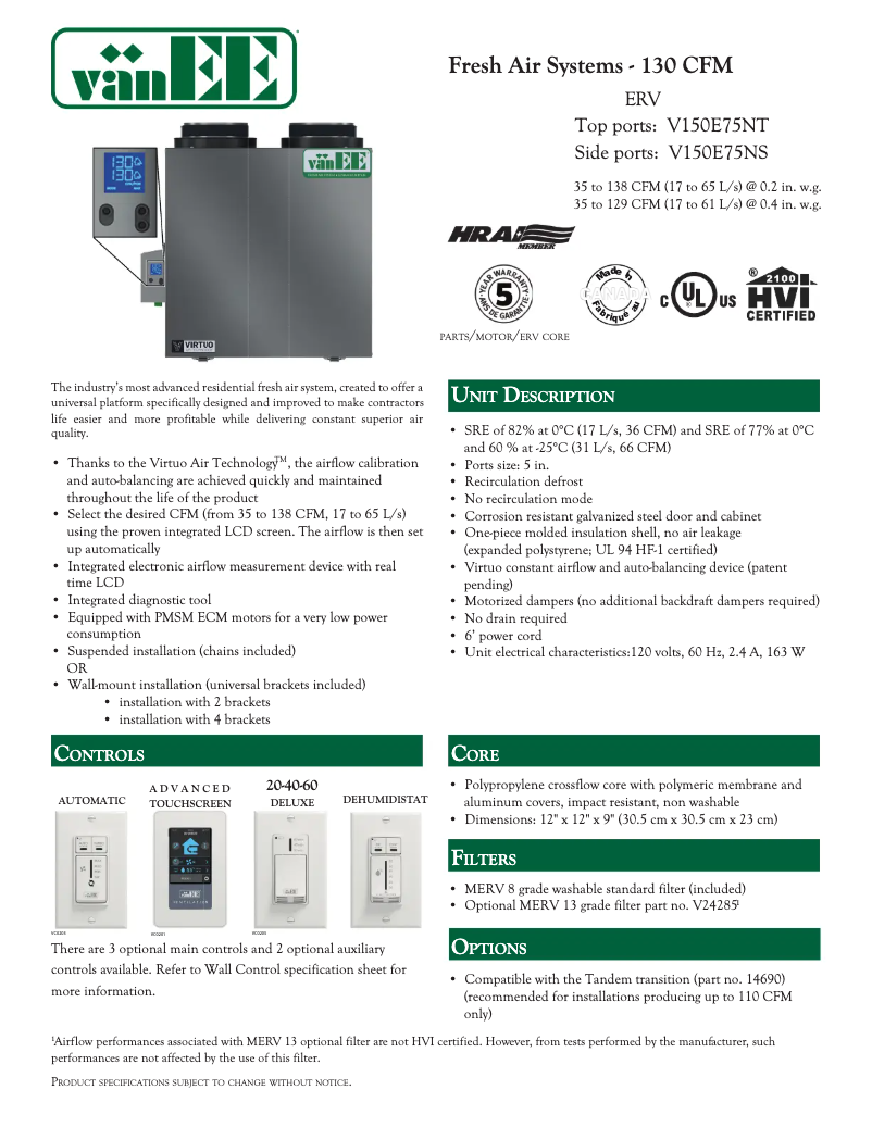 Page 1 de la notice Fiche technique vänEE V150E75NS