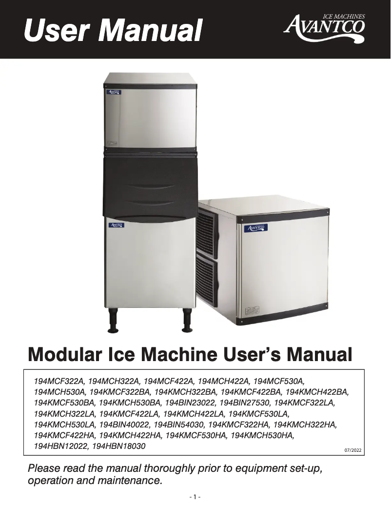 Page n°1 - Manuel utilisateur Avantco KMC-H-430-HA