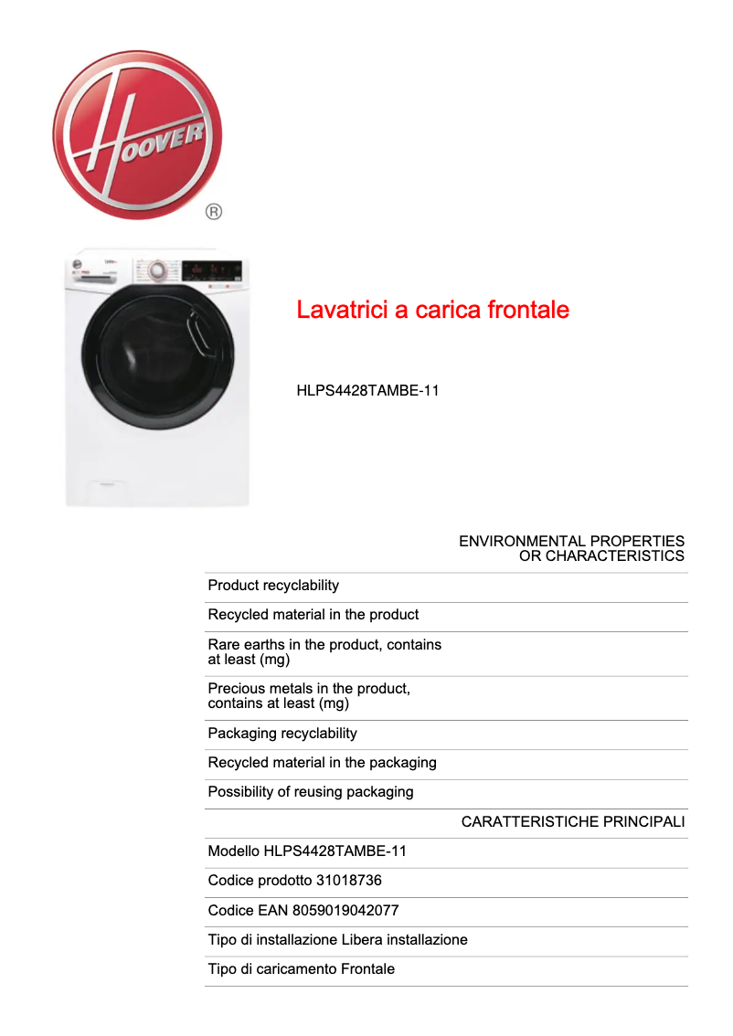 Page n°1 - Fiche technique Hoover LINK PRO HLPS4428TAMBE-11