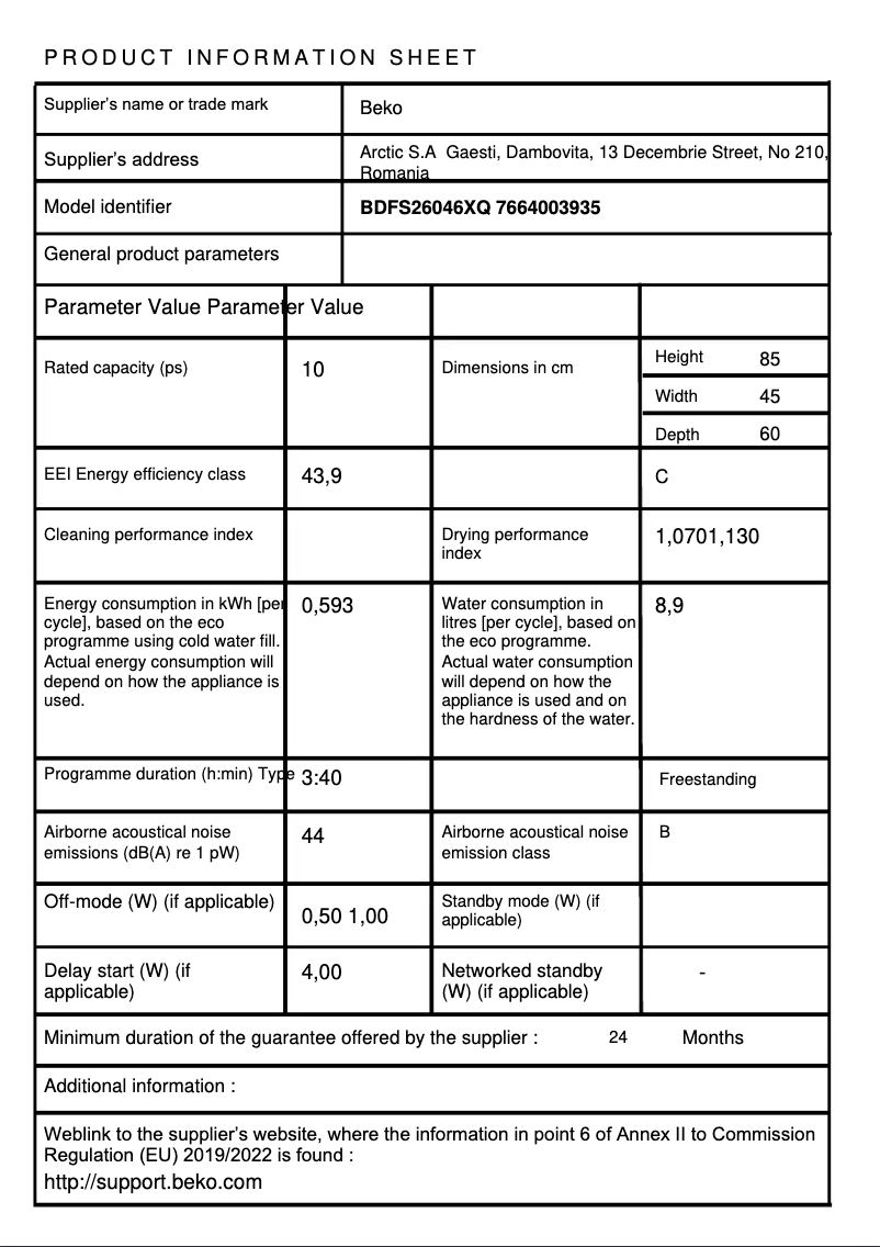 Page n°1 - Fiche technique Beko BDFS26046XQ