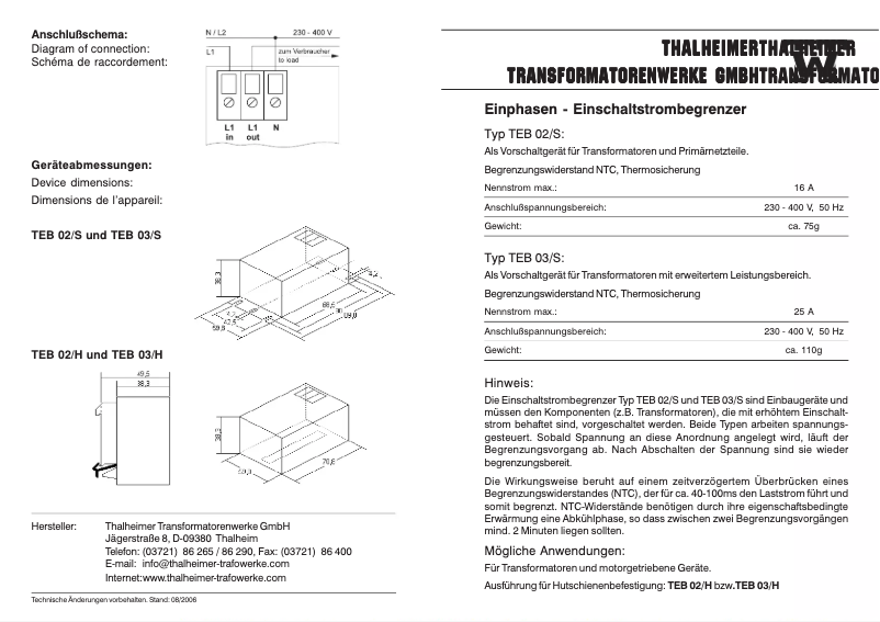 Imagen de la primera página del manual del dispositivo TEB 02/S