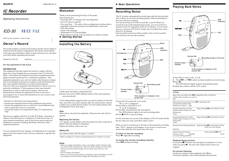 Página 1 del manual Manual de usuario Sony ICD-30