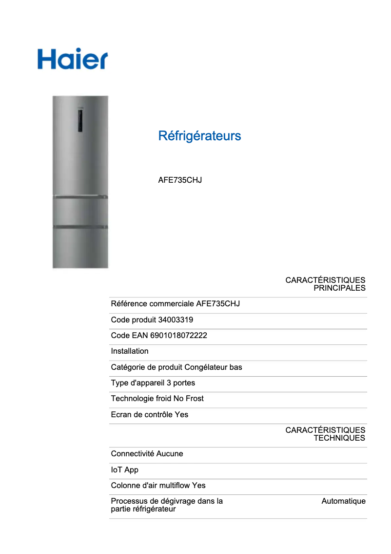 Page n°1 - Fiche technique Haier AFE735CHJ