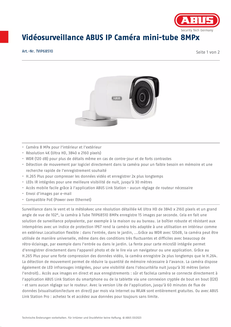 Page n°1 - Fiche technique Abus TVIP68510