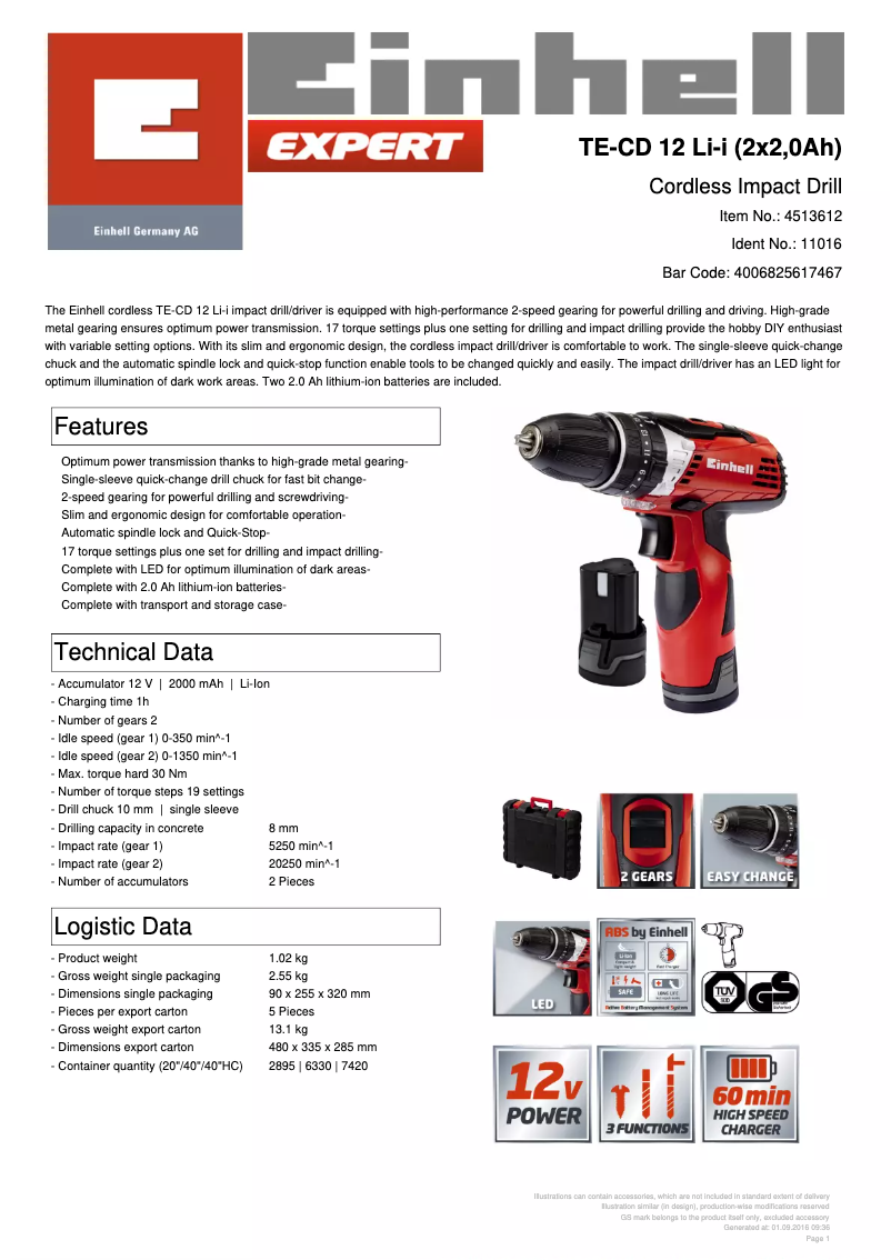 Page 1 de la notice Fiche technique Einhell TE-CD 12 Li-i