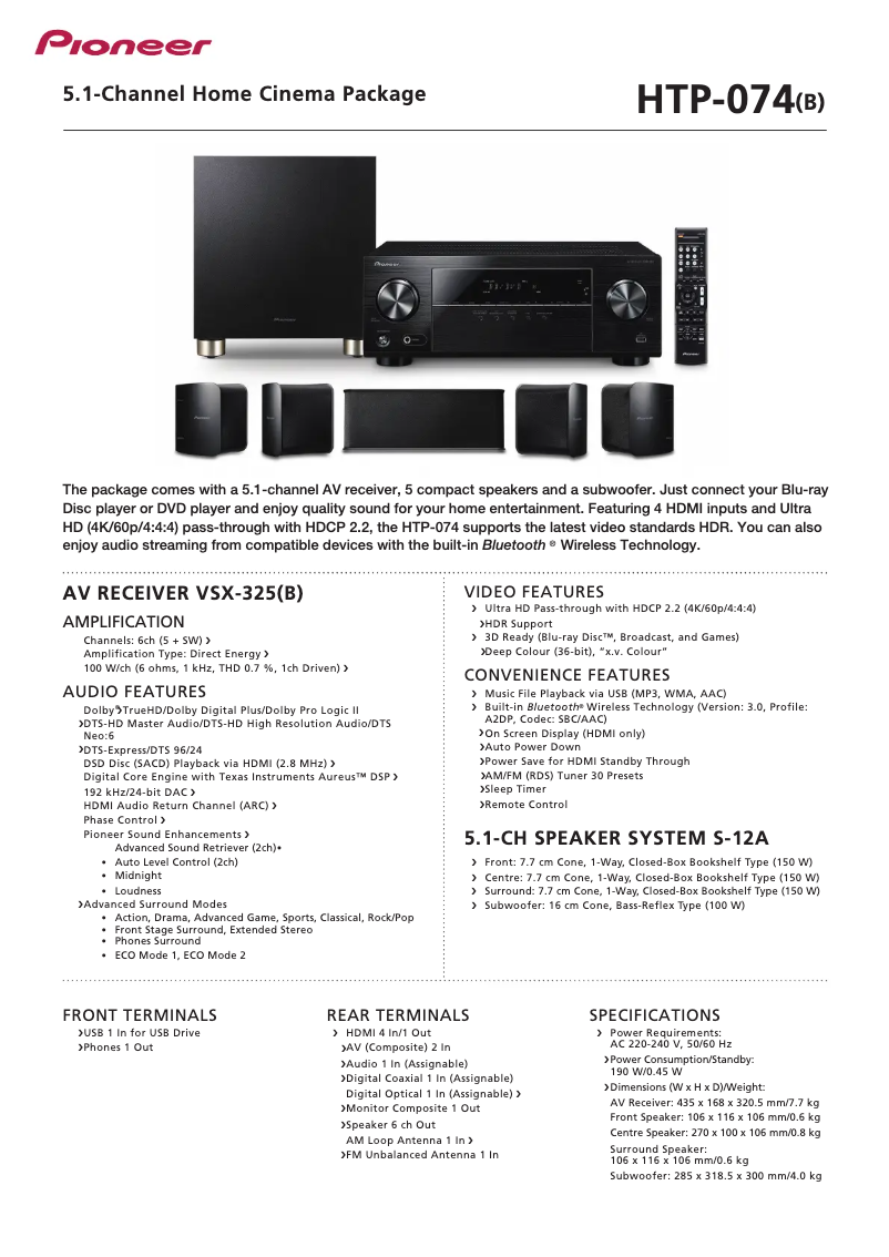 Page 1 de la notice Fiche technique Pioneer HTP-074
