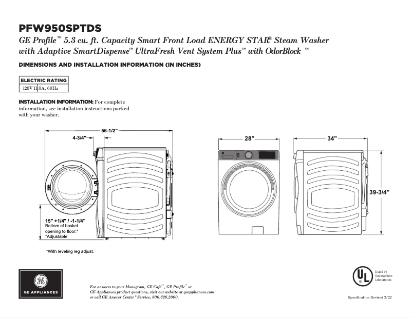 Page 1 de la notice Fiche technique GE Profile PFW950SPTDS